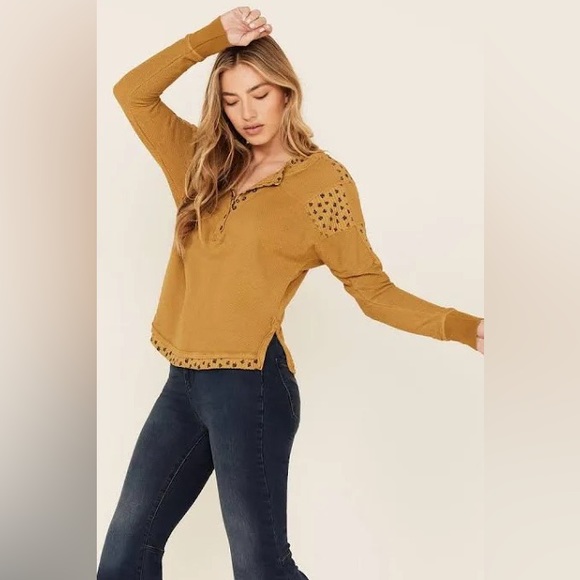 Free People Tops - [FLAW] EUC Free People Heart To Heart Mustard Yellow Henley Long Sleeve Tee Top